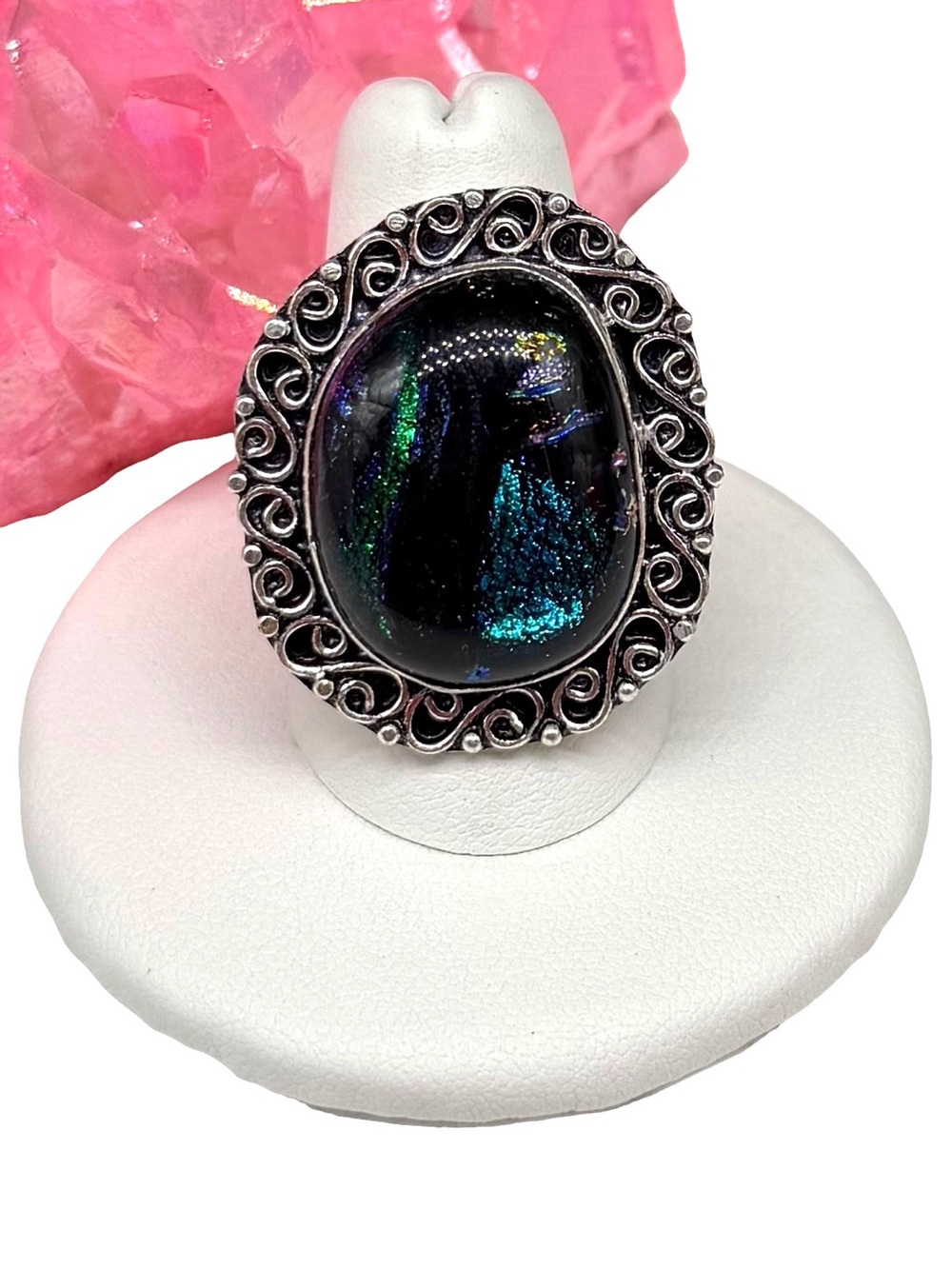 Dichroic Glass Ring Size 8.5 925 Sterling Silver Overlay